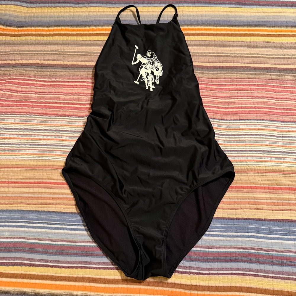 US Polo Assn Womens Black High Neck One Piece Swimsuit Large 11-13 Graphic Logo